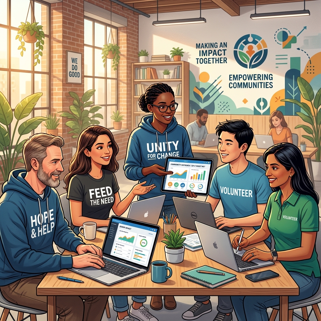 Volunteers working with technology